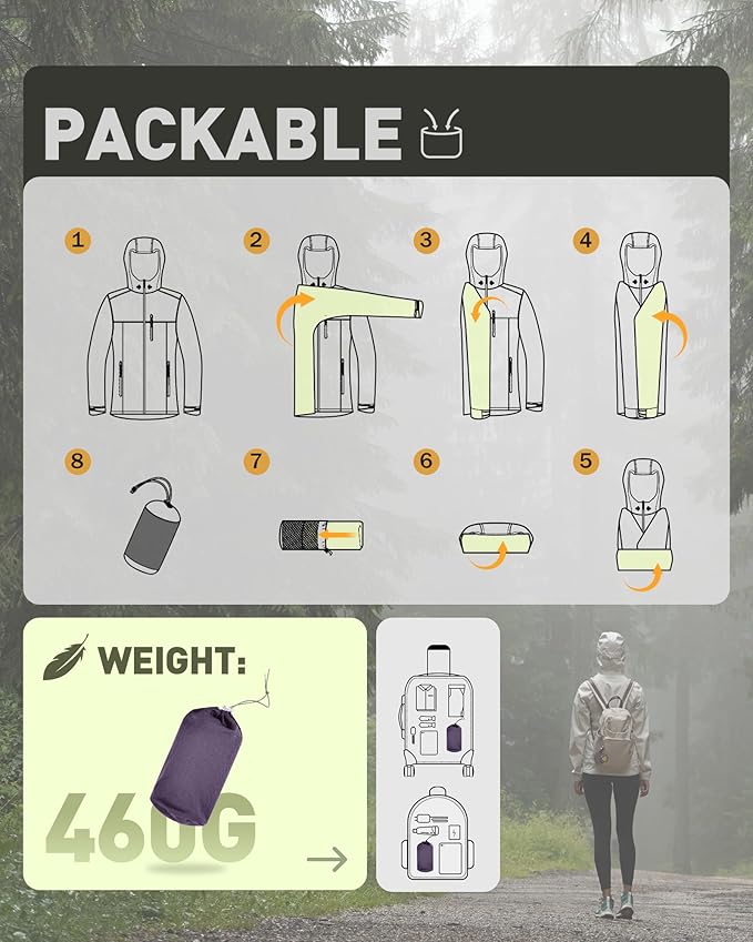 33,000ft Packable Rain Jacket Women Lightweight Waterproof Raincoat with Hood Cycling Bike Jacket Windbreaker