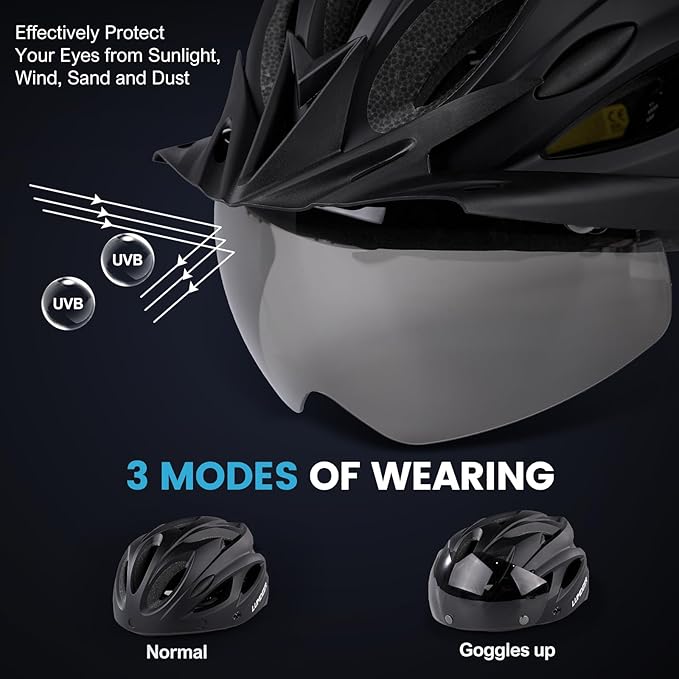 Adult Bike Helmet for Commuting and Cycling, Bicycle Helmet with Rechargeable Rear LED Light & Magnetic Goggles & Removable Sun Visor, Mountain and Road Bicycle Helmets for Men and Women 3 in 1