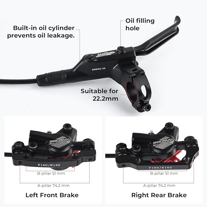 BOLANY Disc Brake Sets Oil Hydraulic MTB Bike Aluminum Alloy Left Front 800mm Right Rear 1400mm Brake Levers with is/PM Adapter Fit MTB Fat Bike E-Bike