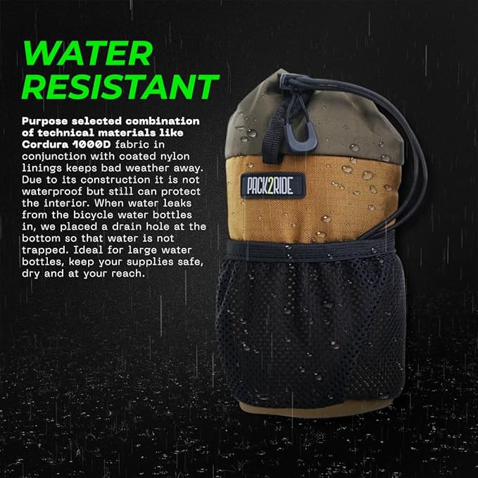 Bongo Bike Handlebar Bag - Water Resistant & Durable Fabric Bicycle Water Bottle Holder, Secure Attachment Bikepacking Stem Bag, One-Handed Access Feed Bag, Front Cycling Storage - Coyote