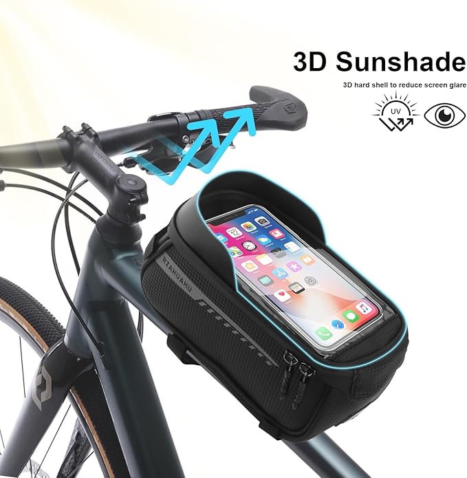 Bike Phone Handlebar Bag Quick Release Bike Front Frame Bag Bike Phone Mount Bag Waterproof Sensitive Touch Screen & Sun Visor Bike Top Tube Bag Suitable for Cell Phones 7''