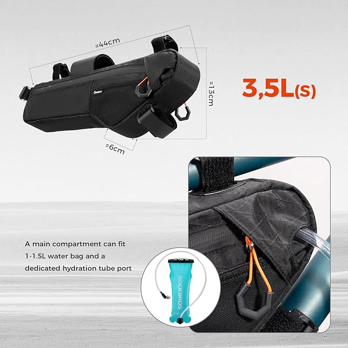 Bike Frame Bag - Waterproof & Anti-Slip 5-Point Straps Mount, Durable Ripstop Nylon with Hidden Cable Port for Hydration & Charging