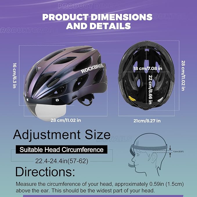 ROCKBROS Bike Helmet for Adult Men Women with Suggested Fit 58-65cm, Detachable Magnetic Goggles & Sun Visor, Lightweight with Adjustable Side and Chin Strap, Suitable for Myopia Glasses