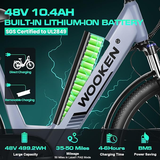 Wooken Electric Bike for Adults, 1000W Peak Ebike, 26" x 2.1" Tire Step Through Electric Bike, City Cruiser Ebike with 48V 10.4/15Ah Removable Battery, 7 Speed, SGS Certified to UL2849