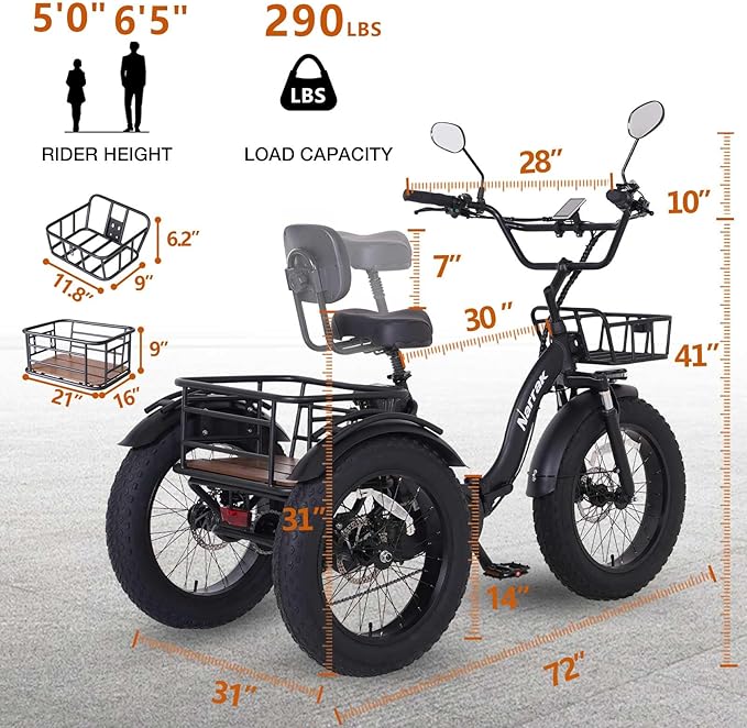 Electric Tricycle for Adults,Fat Tire Folding Electric Trike,3 Wheels Electric Bicycle Bikes, Peak 1350W Step-Thru Etrike with Removable Battery and Large Basket for Women Men