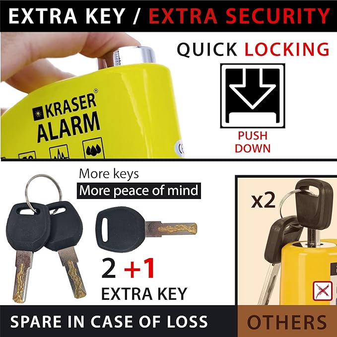 KRASER WA6Y Alarm Disc Lock, Reinforced Disc Brake Lock with 3 keys (others 2), Heavy Duty Anti-Theft Motorcycle Lock with Alarm,110dB, Weather-Resistant, Reminder Cable, Pouch, Motorbike Moped E-Bike