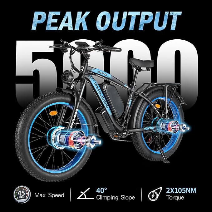 5000w Dual Motor Electric Bicycles, 60V Battery E-Bike with 45 MiIe P-Hour Electric Bike for Adults, 26 Fat Tire Hunting Ebike for All Terrain, Full Suspension Electric Ebike