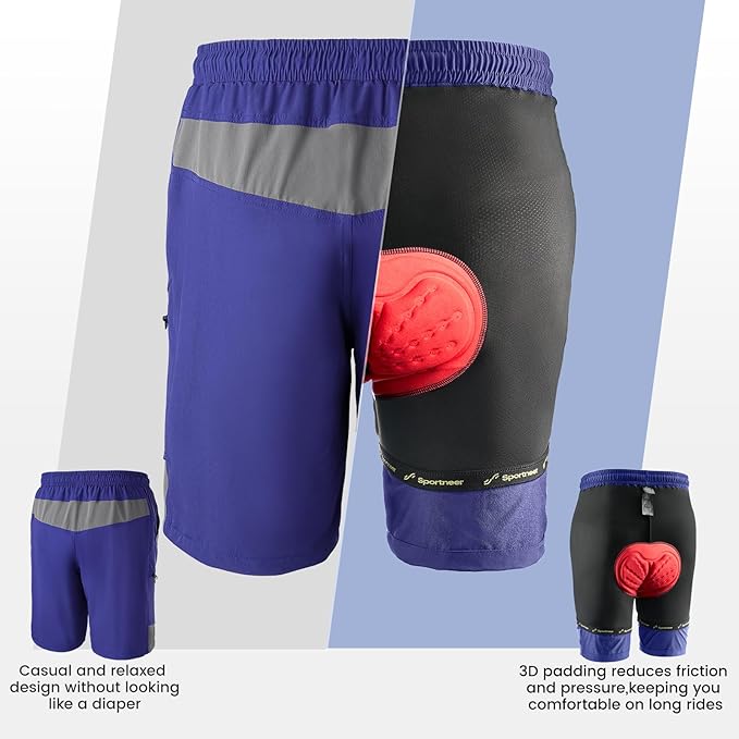 Sportneer Bike Shorts for Men: 3D Padded Lightweight Riding Biking Cycling Mountain Bike Shorts for Men with Zipper Pockets