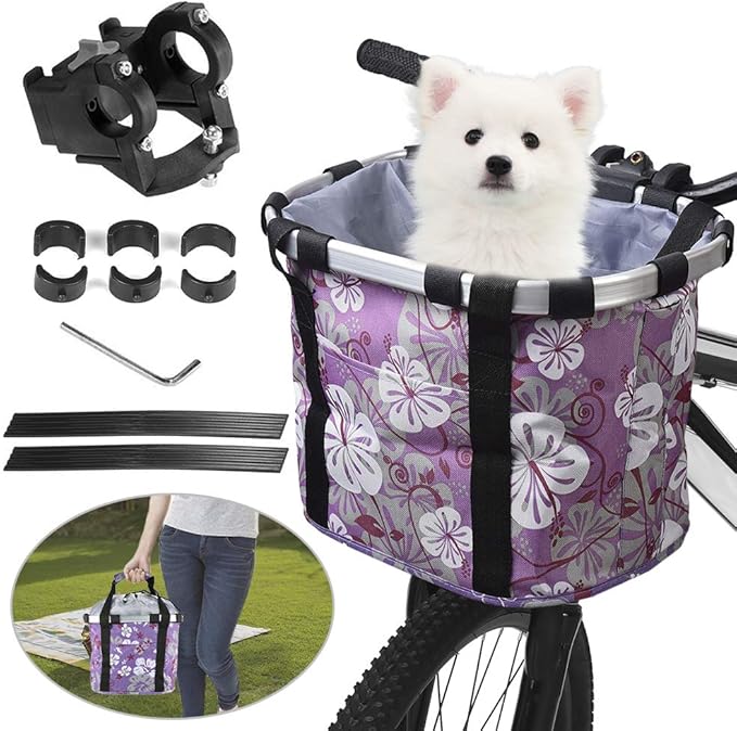 Lixada Bike Basket, Small Pet Cat Dog Carrier Bicycle Handlebar Front Basket Folding Detachable Removable Easy Install Quick Released Picnic Shopping Bag, Max. Bearing: 11lbs