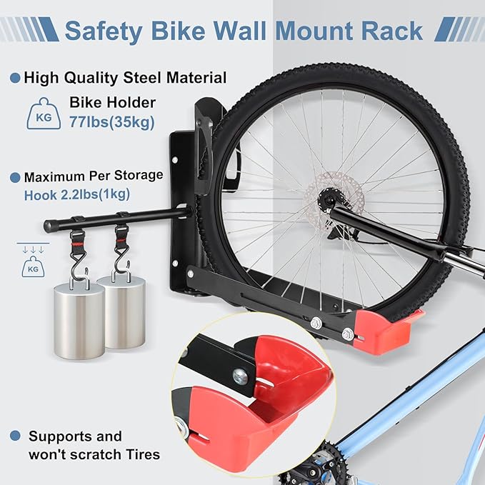 Wall Mount Bike Rack,No Lift MTB Road Bike Storage Rack Hanger Garage Indoor Space Saving,Heavy Duty Metal Bicycle Rack Holder Adjustable Size w/Extendable Storage Hook