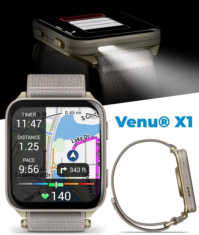 Wearable4U Garmin Venu X1 Thin and Lightweight GPS Smartwatch, AMOLED Display, Advanced Health & Fitness Features, Soft Gold w/Titanium Caseback & French Gray Nylon Band PowerBank Bundle