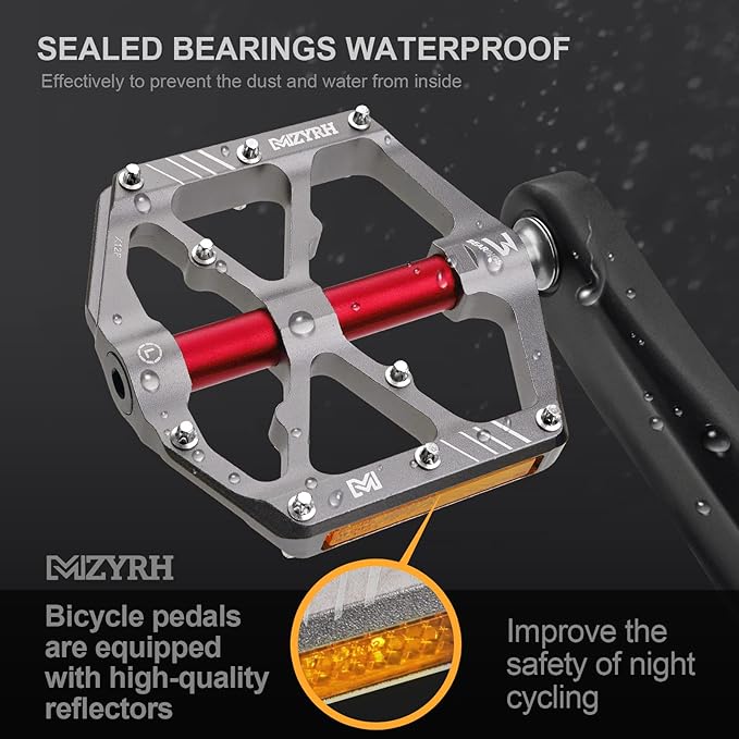 MZYRH 3 Bearings Mountain Bike Platform Pedals - Flat Alloy 9/16" Non-Slip Bicycle Pedals