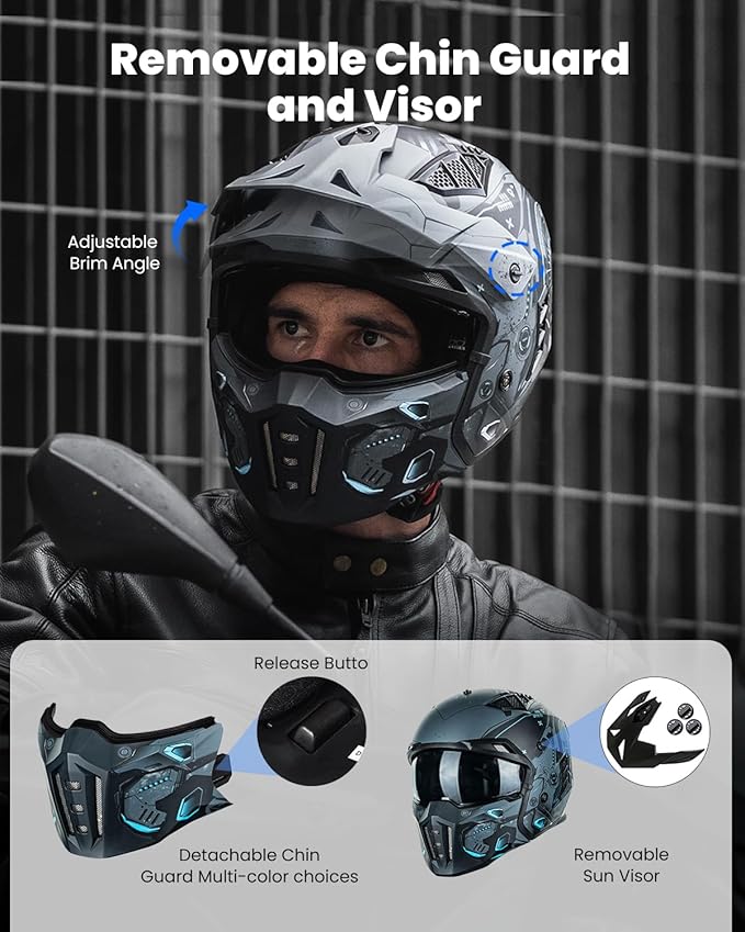 ILM Open Face Motorcycle 3/4 Half Helmet for Men and Women, Vintage Retro Helmet with Visor for Moped ATV Cruiser Scooter DOT Model Z302(Blue Mecha,Small)