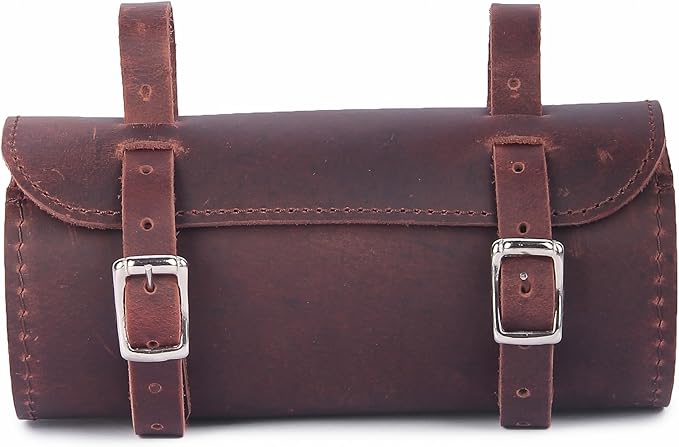 M RUFOUS Genuine Leather Under Seat Handlebar Bicycle Bag - Cherry, Premium Handcrafted Bicycle Bag with Brass Buckle, Leather Bag for Cell Phone (Free Waterproof Cover)