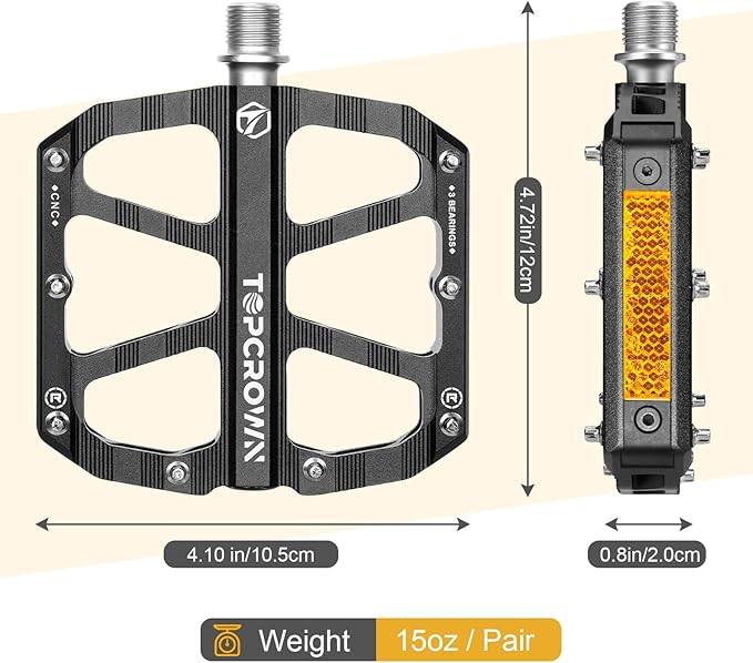 Mountain Bike Pedals with Reflectors, Aluminum Metal Bicycle Flat Pedals 9/16" - 3 Sealed Bearings, Non-Slip Wide Platform with Removable Pins for MTB, Road Bike, BMX, Ebike