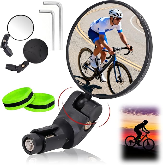 2PCS Bike Mirror, 360° Adjustable Bar End Bicycle Mirror with 2PCS Reflective Bands for Safe Cycling, Handlebar Mount Rearview Mirror with Allen Wrench for Mountain Road E-Bike