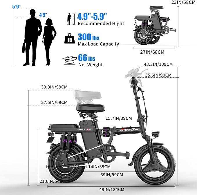 ASKGO Electric Bike for Adults Teens, 800W/1200W Peak Folding Ebike, 22/25MPH, 30-45 Miles Range, E-Bike with Dual Brake & Multi Suspension, 14" Portable Electric Mini Bike for Commuting