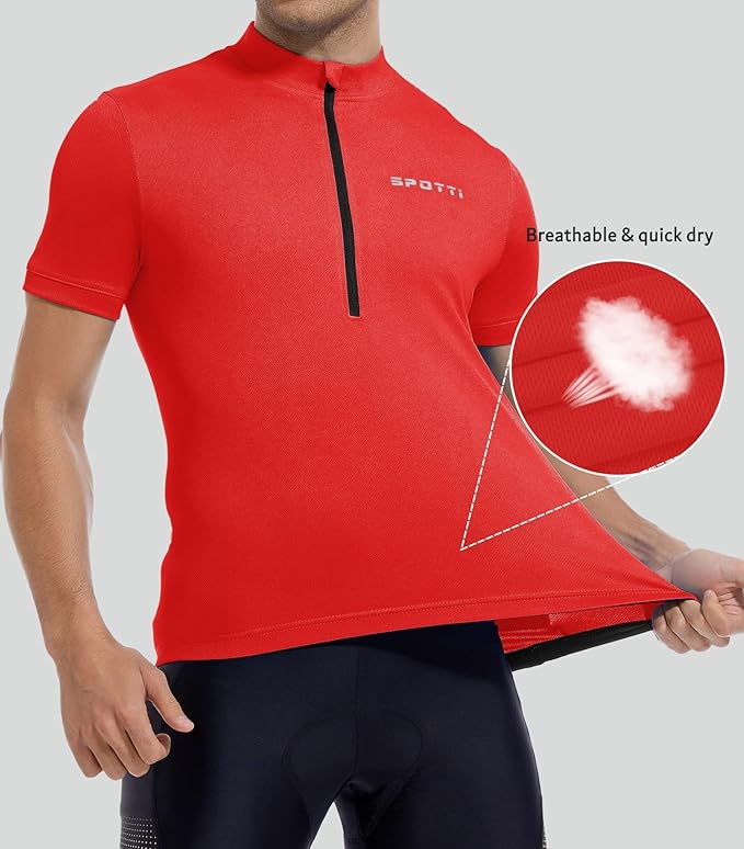 Spotti Men's Cycling Bike Jersey Short Sleeve with 3 Rear Pockets- Moisture Wicking, Breathable, Quick Dry Biking Shirt