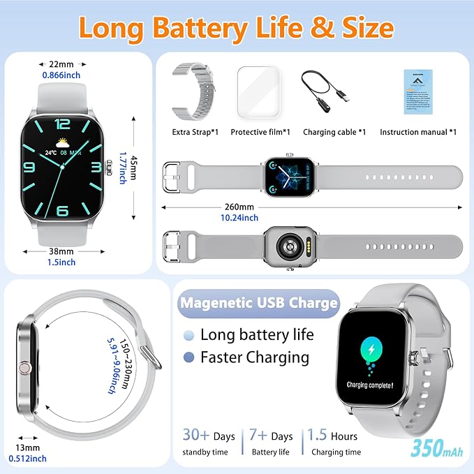 Smart Watch for Women Men with Text and Call, Smartwatches with Heart Rate/SpO2/Sleep/Stress Monitor, 100+ Sports Modes, Fitness Watches Compatible with iOS/Android (Silver, 1.96")