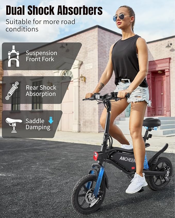 ANCHEER 14" Folding Electric Bike for Teens, 500W Max Motor, 22MPH City Ebike, Triple Shock Absorber, 48V 374Wh Battery, Brake Taillight, Cruise Control, Electric Bicycle for Adults, UL2849 Compliant