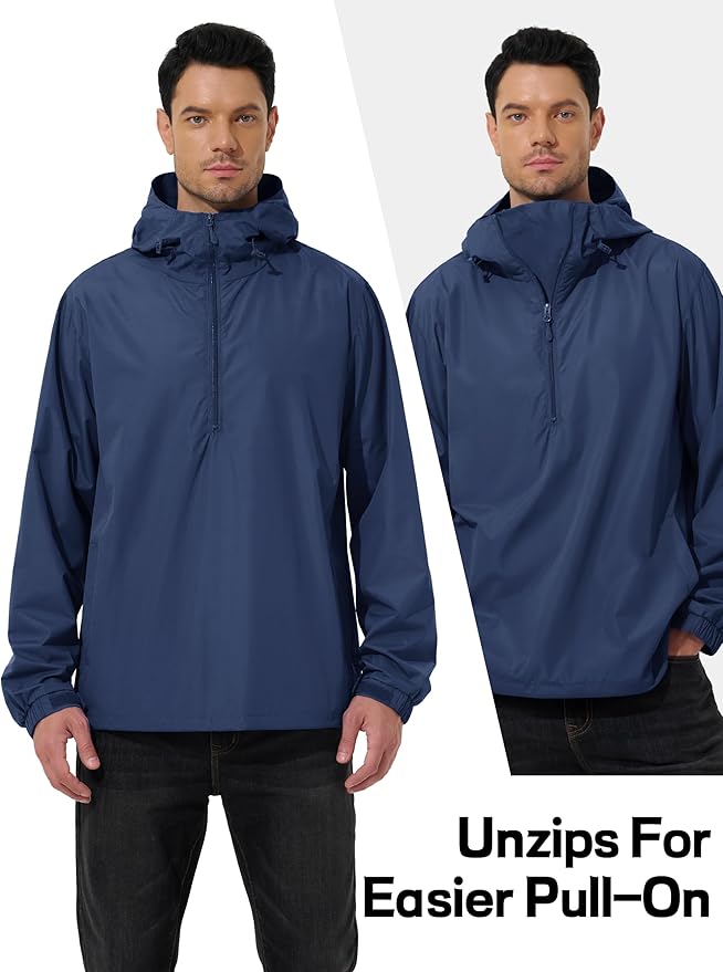 Men's Pullover Rain Jacket Waterproof Windbreaker Lightweight Packable Raincoat for Cycling Running Hiking Golf