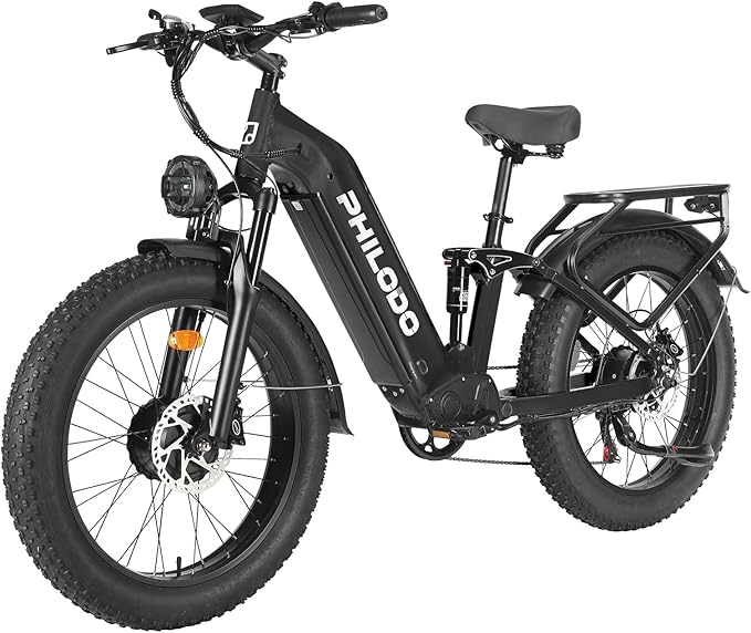 PHILODO Electric-Bike for Adults, Dual-Motor-Ebike Hunting-Ebike 5000W, 60V 32AH Long Range Dirtbike, Fat-Tire-Electric-Bicycle, Full Suspension for Off-Road Snow Sand