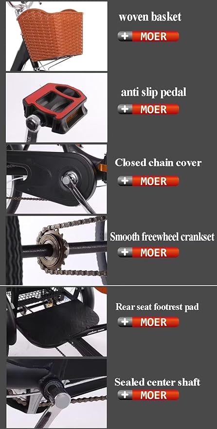 20 inch Folding Tricycle, Outdoor Cruiser Bikes with Passenger seat, 3 Wheel Bike, Large Pedal Tricycles with Inflatable Wheel, Tandem Bicycle, Ride-on trikes for s,Black 20inch