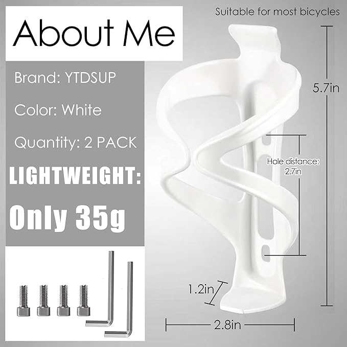Bike Water Bottle Holders 2 Pack, Universal Bikes Cup Holders Cages, Ultra-Light Water Bottle Bike Cage with Stainless Steel Screws Tool, for Bicycle, Cycling, MTB, Road/Mountain Bikes - White