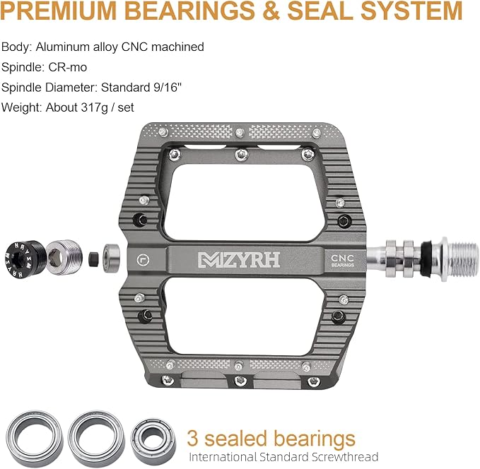 MZYRH Road/Mountain Bike Pedals MTB Pedals Bicycle Flat Pedals 3 Bearings 9/16” Aluminum Alloy Bicycle Platform Pedals for BMX MTB