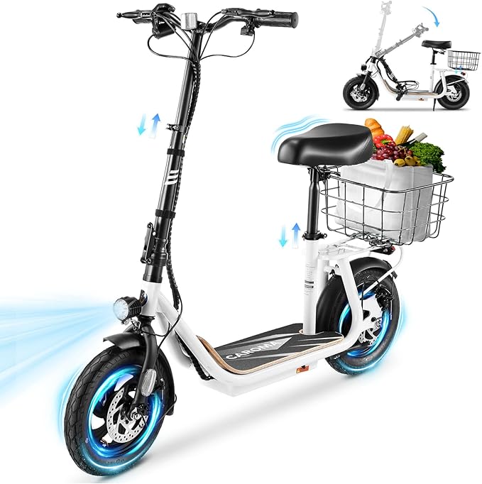 Caroma Peak 1200W/800W Electric Scooter with Seat, 30 Miles Max Range, Electric Scooter Adults, Up to 20MPH Foldable Escooter with Basket,Key Start Adjustable E-Scooter