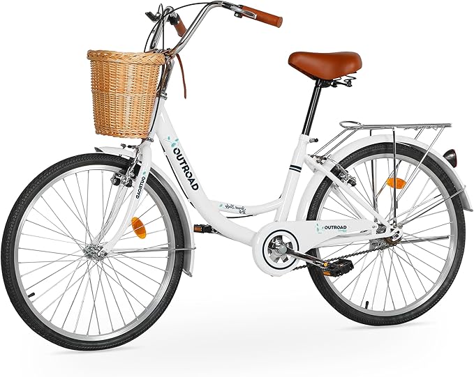 Outroad Beach Cruiser Bike, 24/26 inch Commuter Bicycle for Adult and Women,High-Carbon Steel Comfortable City Bikes with Rear Rack and Basket, (Black/Pink/White/Green/Purple)