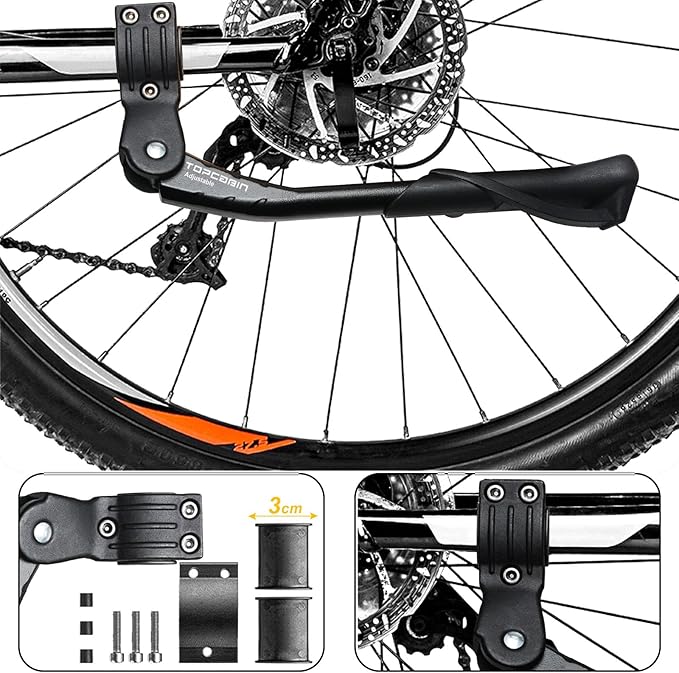 Aluminum Alloy Bicycle Kickstand - Adjustable, Rear Side/Center Mount for Adult Bikes 24-29 inch (Black)