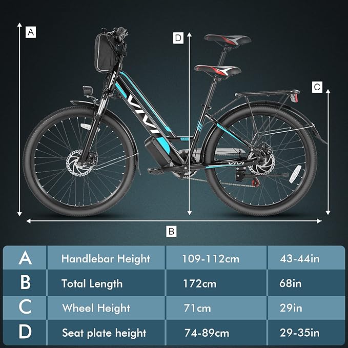 Vivi MT26GUL Electric Bike 26" Step Through Electric Bicycle with Removable 48V 374.4Wh Battery, 750W Peak Motor, 21.7Mph Top Speed, Up to 50 Miles, Cruise Control, 7 Speed, SGS Certified to UL2849