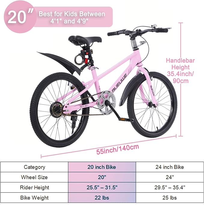 Kids Mountain Bike 20/24 Inch for Boys & Girls Ages 7–15, Youth Bicycle with Dual V-Brakes, 180° Rotating Handlebar, Lock, Mudguards, Kickstand, Adjustable Seat (Pink, 20 Inch)