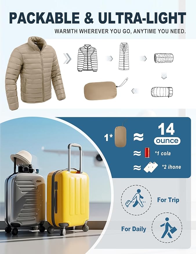 Men's Lightweight Packable Puffer Jacket Insulated Warm Winter Jackets Puffy Coat for Ski Hiking Travel