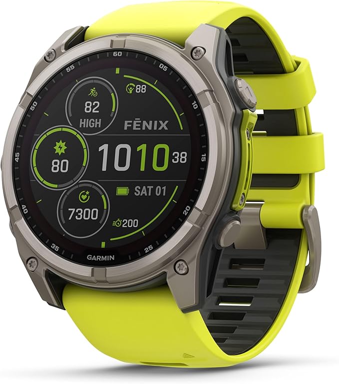 Garmin Fenix 8 Premium Multisport GPS Running Smartwatch, 51 mm, Sapphire, Solar, Built-in Flashlight, Titanium with Amp Yellow/Graphite Band with Signature Series Charging Stand