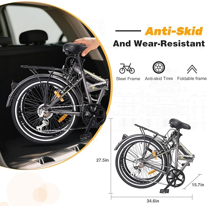 24" Folding Bikes for Adults 7 Speed City Commuting Folding Bicycle with Steel Frame/Front and Rear are V Brakes Compact Folding Bike for Adults Men and Wome No Assembly Required