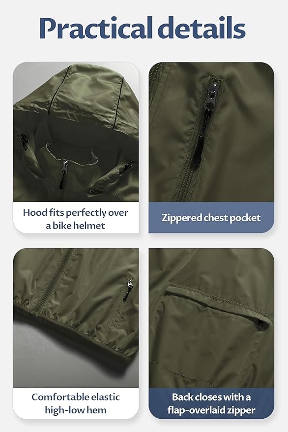 CREATMO US Men's Packable Waterproof Running Rain Coats Reflective Cycling Jacket Windbreaker With Removable Hood