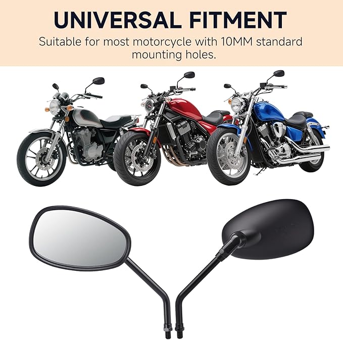 Universal Motorcycle Mirrors - M10 Black Oval Handlebar Rearview Mirrors Compatible with Honda Shadow MSX125 Kawasaki Vulcan Z900 Suzuki SV650 Volusia