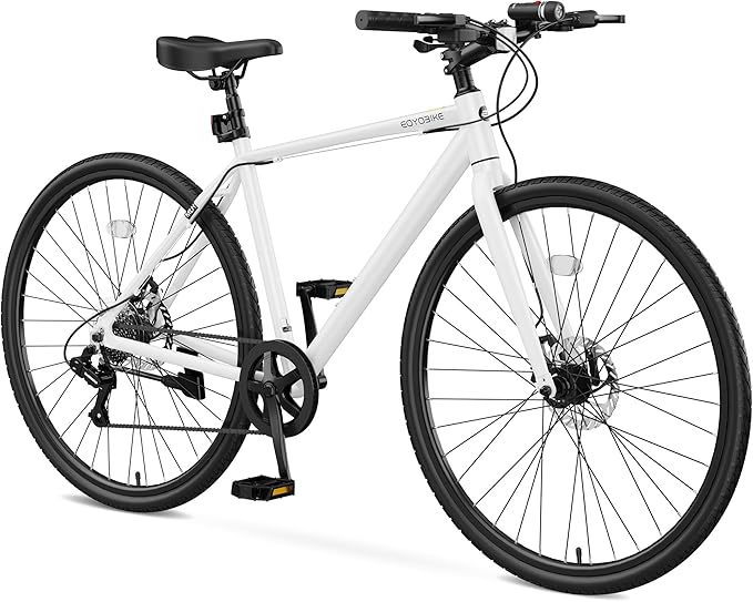 700C Hybrid Bike for Adults, Lightweight Aluminum City Commuter Bicycle, 8-Speed Urban Fitness Bike for Men & Women, Dual Disc Brakes, Upright Handlebar, LED Headlight & Reflectors