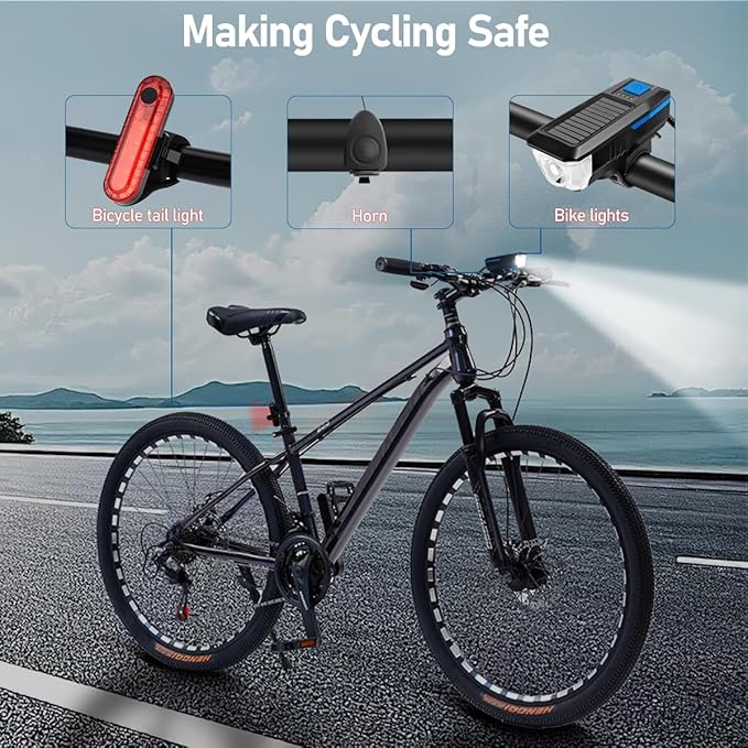 Rechargeable Solar Bike Lights, Night Ultra Bright Bicycle Lights Headlight and Back Taillight with Electric Bell, Easy to Install Waterproof, Road and Mountain LED Bike Lights