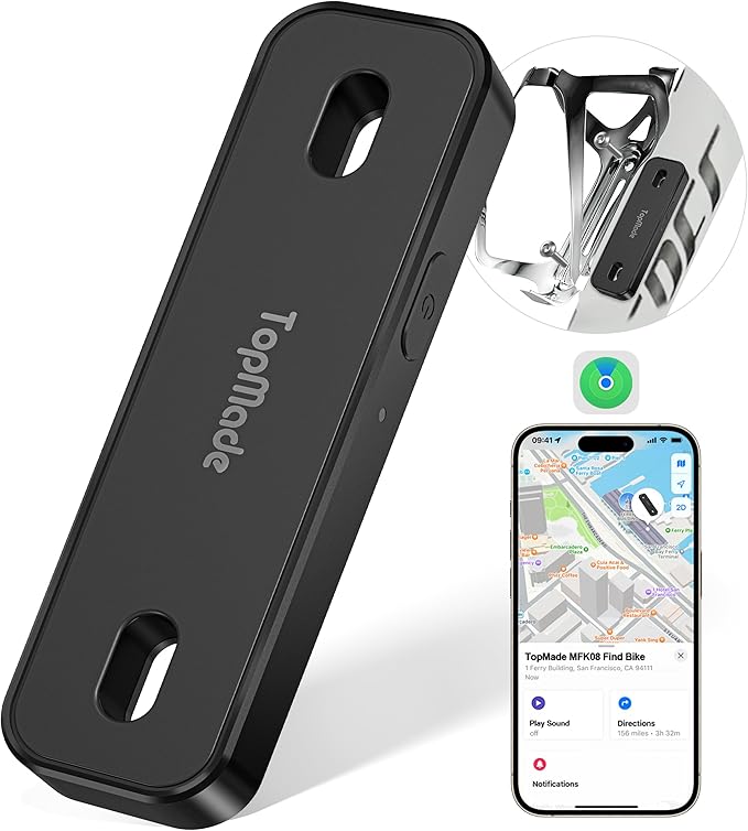 TopMade Bike Tracker, Works with Apple Find My (iOS Only), Global GPS Location on iPhone, iPad, Mac & Apple Watch, Bike Finder, Mount for Bottle Holder, Waterproof, Dustproof, Rechargeable, Black