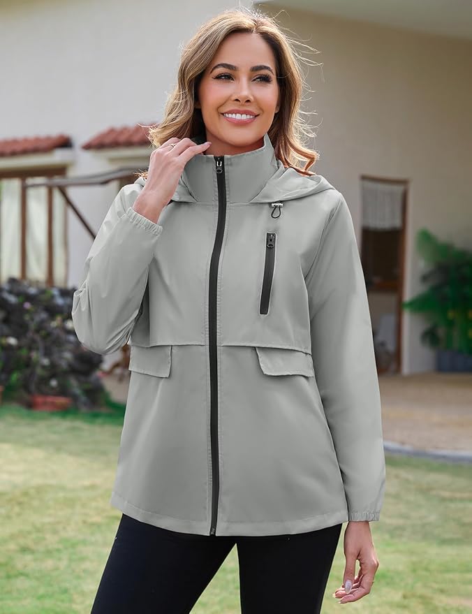 Avoogue Rain Jacket Women with Hooded Lightweight Waterproof Raincoats Packable Zipper Pockets Windbreakers