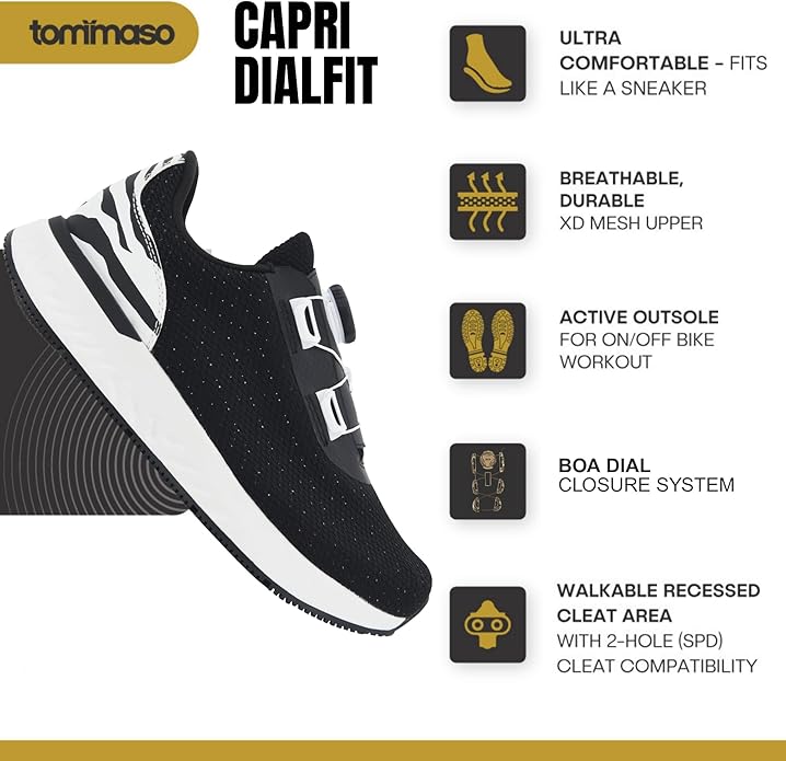 Tommaso Women's Cycling Shoes with Pre-Installed SPD Cleats — Easy to Walk-in Ventilated SPD Cycling Shoes for Women's Spin Classes and Indoor Bikes — Comfortable on Foot and Toebox.