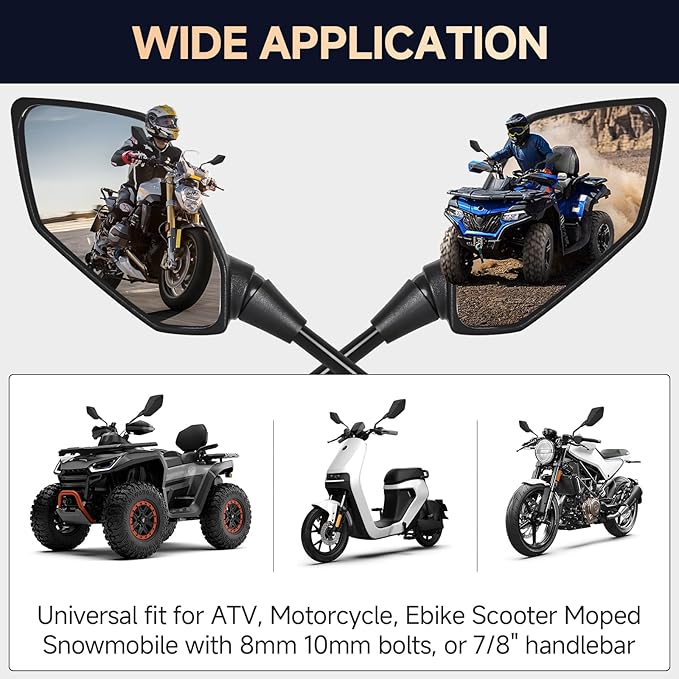 Motorcycle Rear View Mirrors with 8MM 10MM Bolts, 7/8" Handlebar Mount Clamp, Universal Hawk-Eye ATV Mirrors Compatible with Motorcycle Scooter Moped Snowmobile Dirt Bike and More