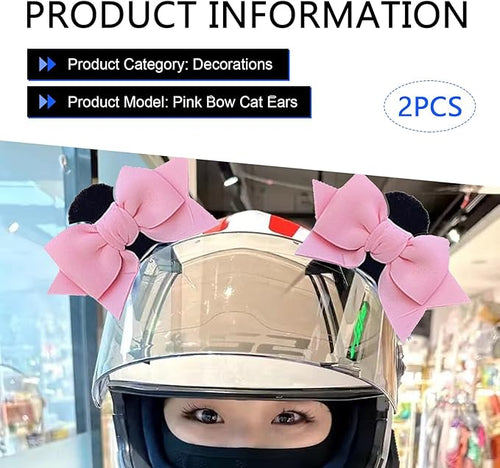 2 PCS Bow Ears Motorcycle Helmet Decor, Cute Cartoon Cat Ears Helmet Decoration, Removable Self Adhesive Motorcbike Bow Accessories, Universal for Most Ski, Bike & Motorcycle (Pink)
