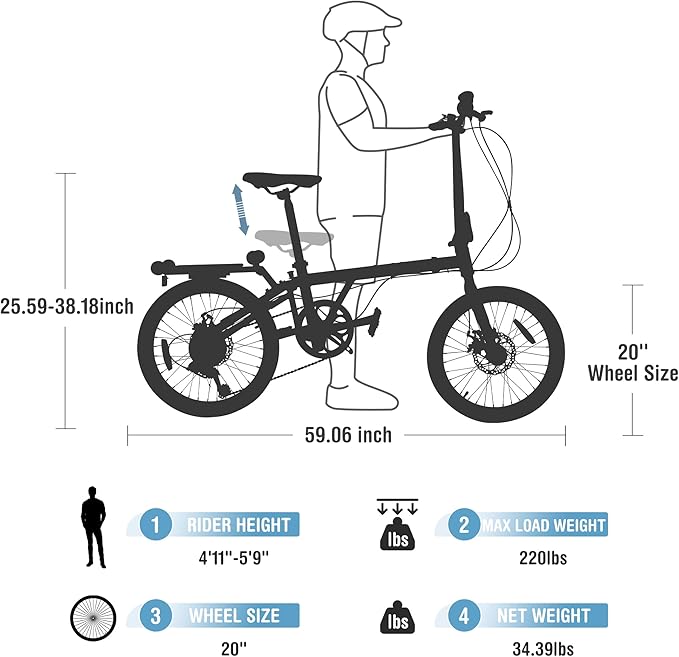 20 Inch Folding Bike for Adults, 7-Speed Shimano Gears & Dual Disc Brakes, Steel Frame,Compact Foldable Design- Perfect for Commuting/Travel