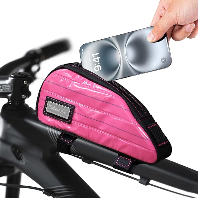 RideRow Compact Bike Top Tube Bag – Waterproof Bicycle Frame Pouch, Fits Up to 6.1" Phone, Narrow No-Rub Design, Secure 3-Point Mount, Cycling Storage for Mountain & Road Bike (Pink)
