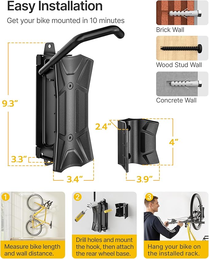 monTEK Heavy Duty Bike Wall Mount, Swivel Bike Wall Hanger Holds Up to 77lbs, Space-Saving Bike Rack Garage, Bike Storage for Bedroom Home Office, 3 Pack