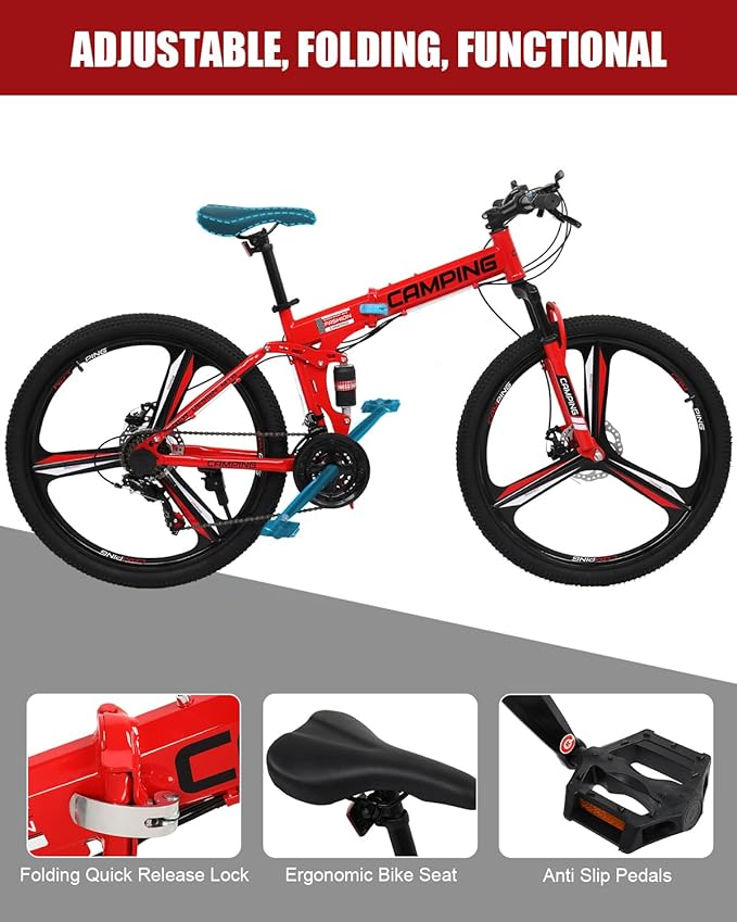 26" Foldable Bike, 21 Speeds Folding Bikes for Adults, Bicycle for Men & Women with Full-Suspension, Double-Walled Tire, Dual Disc Brake, Quick Release and Unique Wheel Look